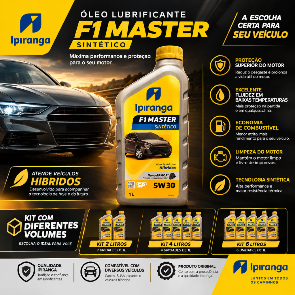 Óleo Motor 5w30 Ipiranga F1 Master Kit de 2, 4 ou 6 Litros Sintético API Flex Gasolina HB20 Onix Corolla Civic Argo