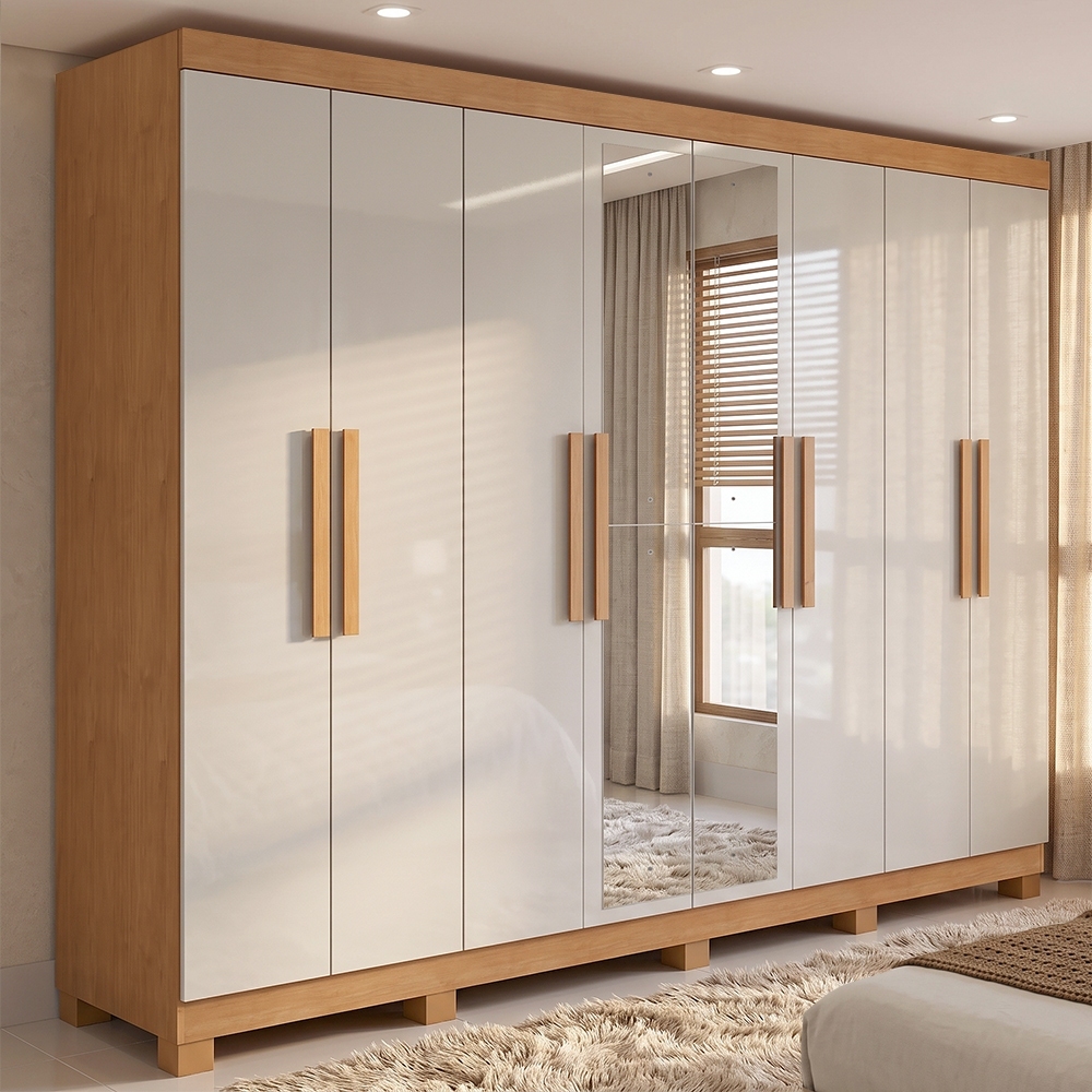 Guarda-roupa Casal Easy Slim 8 Portas Com Espelho e Pés Amendoa Clean/Off White