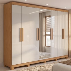 Guarda-roupa Casal Easy Slim 8 Portas Com Espelho e Pés Amendoa Clean/Off White