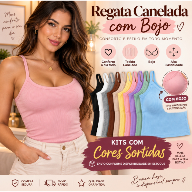 Kit  Blusinhas Femininas Com Bojo/ Alcinha Ribana canelada Moda Verão Confortável Estilosa Roupas femininas