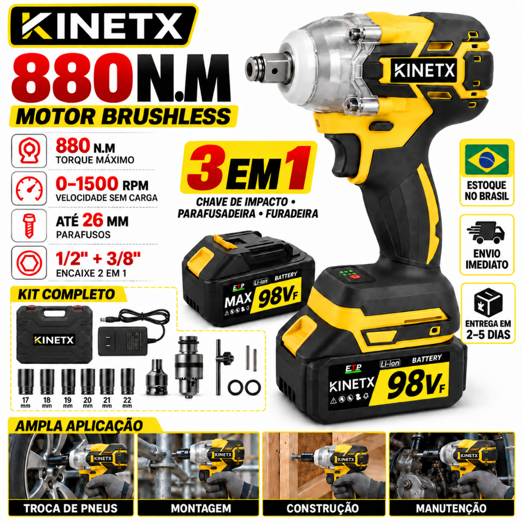 Chave De Impacto 880Nm Brushless Para Rodas Oficina E Construcao 2 Baterias Parafusadeira Com Maleta KINETX