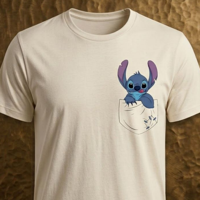 Camiseta Stitch Feminina Estampada Bolso Lilo & Stitch Personagem Fofo Casual Confortável