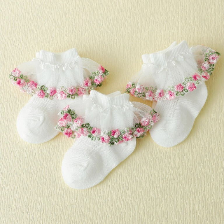 Meias Princesa De Renda Floral VMI – 3 Pares De Malha Bordada Rosa Respirável Para Bebês Meninas De 0 A 6 Meses