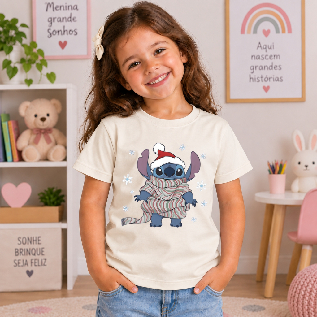 Camiseta Stitch Infantil Menina Algodão 100% Juvenil Estampada Confortável Gola Redonda Premium