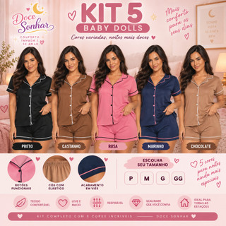 Kit 5 Baby Dolls Feminino Americano Curto Premium Pijama Manga Curta com Botões Confortável Amamentação