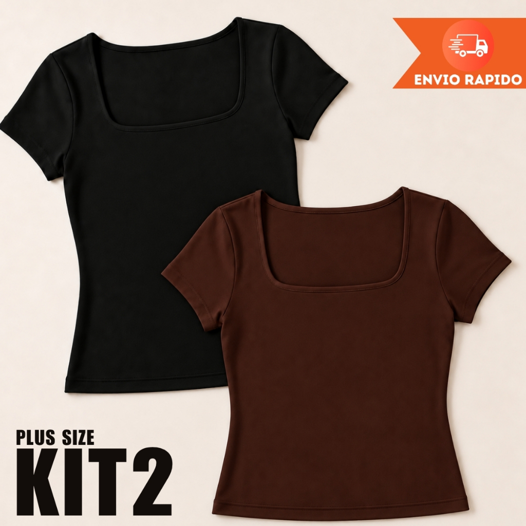 KIT 2 Blusas Feminina Plus Size Suplex Decote Quadrado Manga Curta T-shirt Babylook Básico Casual