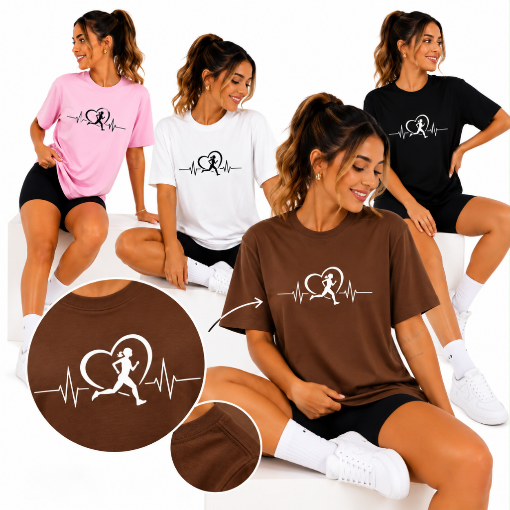 Camiseta Oversized Feminina Corrida Fitness Academia Running Camisa 100% Algodão Estampa Coração Corredora Treino Casual