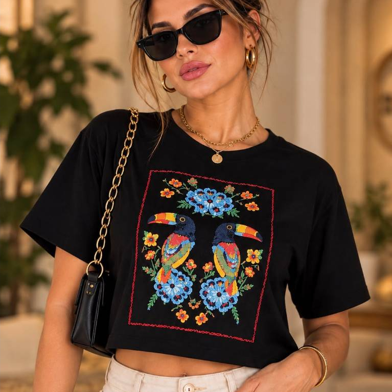 Cropped Feminino Max Oversized Estampado 100% Algodão Corte a Laser T-Shirt Soltinha Manga Curta
