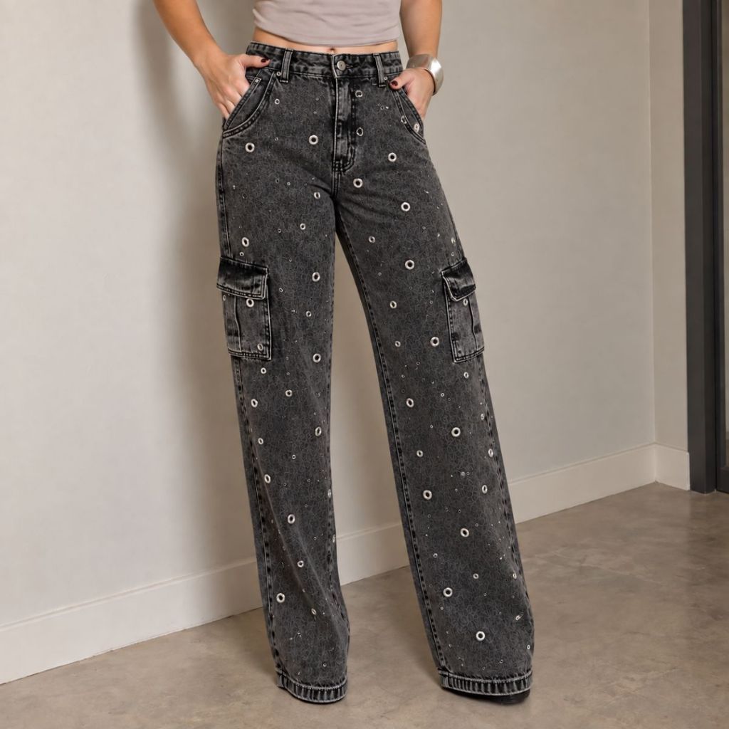 Calça Jeans Wide Leg Feminina Ilhós  BRILHO Cintura Alta Festa balada Cargo com Bolsos Tecido grosso