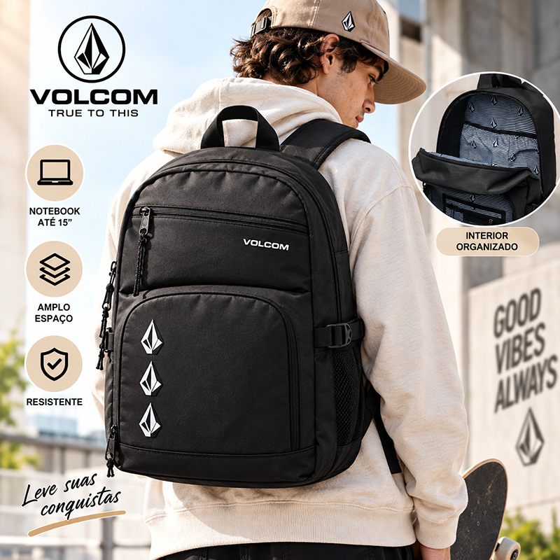 Mochila Volcom Masculina Notebook Escolar Faculdade Trabalho Viagem Reforçada 20L Preta