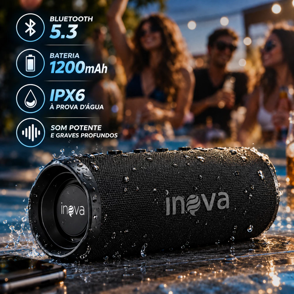 INOVA Caixa De Som Bluetooth 8W TWS Caixinha Portátil IPX6 Som Estéreo Graves Intensos Sem Fio Wireless Cartão SD FM