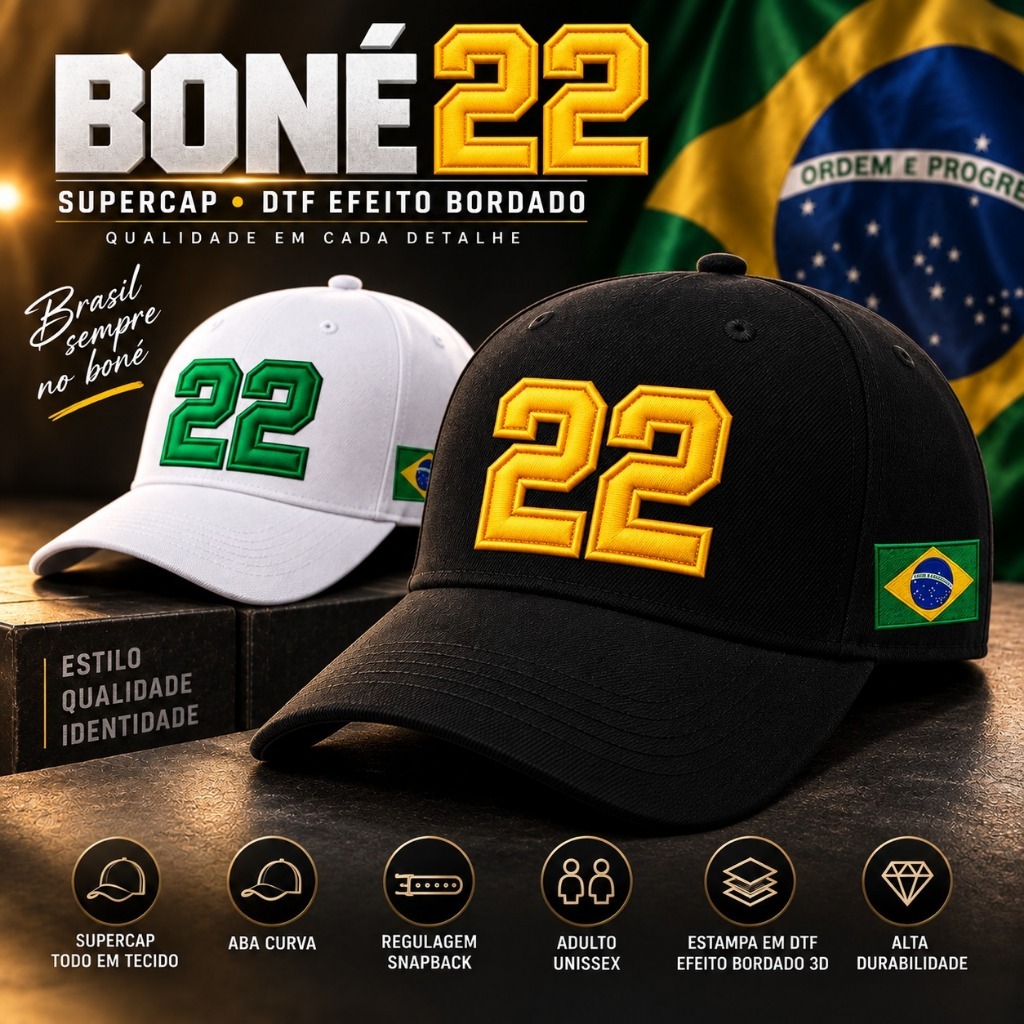 Boné 22 Brasil Supercap Todo em Tecido Aba Curva Snapback DTF Efeito Bordado 3D