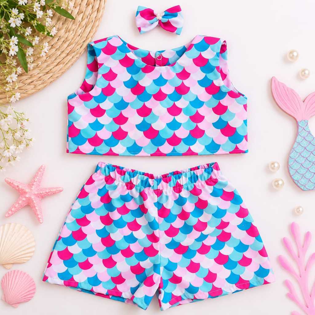Conjunto Infantil Feminino Estampado Verão Blusa Cropped Shorts e Laço – Roupa Infantil Menina