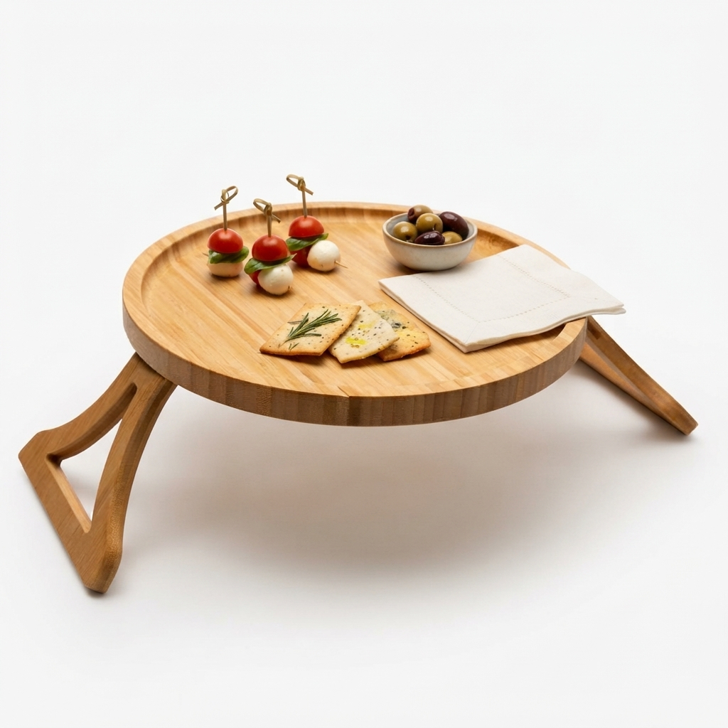Bandeja Lyor de Bambu Dobrável para Braço de Sofá 25cm Suporte Flexível para Copos e Pratos na Sala Prática e Resistente