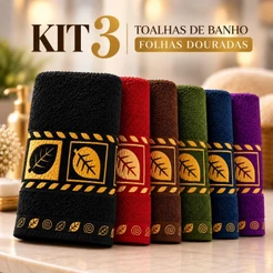 KIT 3 Toalhas de Banho 100% Algodão Folhas Douradas Chique Luxuoso