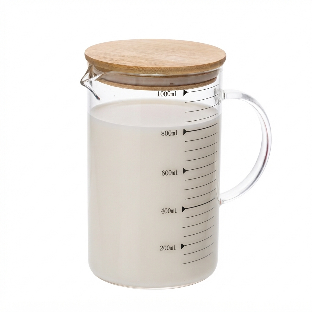 Jarra Medidora 1L de Vidro Borossilicato com Tampa de Bambu Wolff para Cozinha Receitas Líquidos Agua Suco Leite Chá Bar