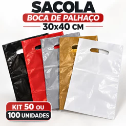 Kit 50/100 Sacolas Boca de Palhaço 30x40 Plástica Polietileno Alça Vazada Colorida para Loja