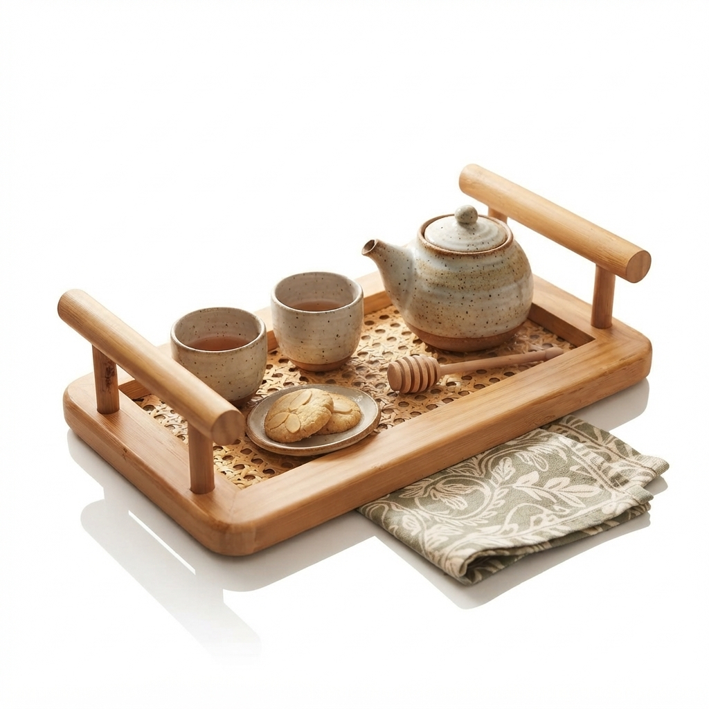 Bandeja de Bambu com Alças 25x15x5cm Wolff Fundo em Treliça para Servir Café e Petiscos Organização Mesa Posta Decoração