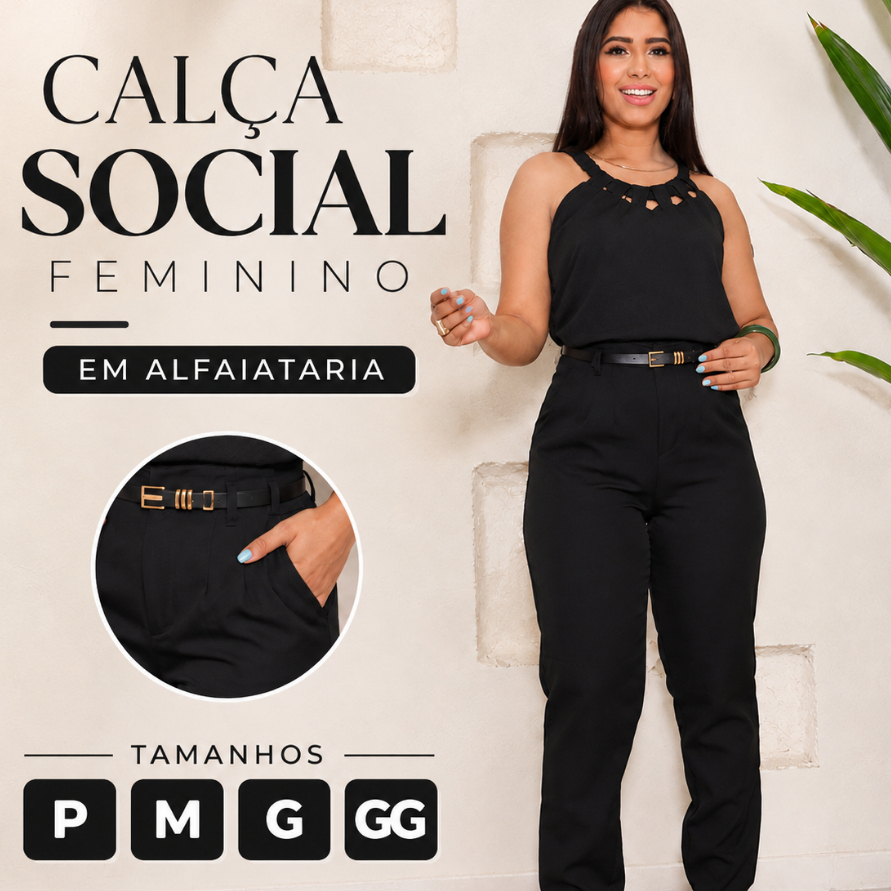 Calça Alfaiataria Feminina Cintura Alta Social Executiva Premium com Cinto de Couro e Bolsos do P ao G