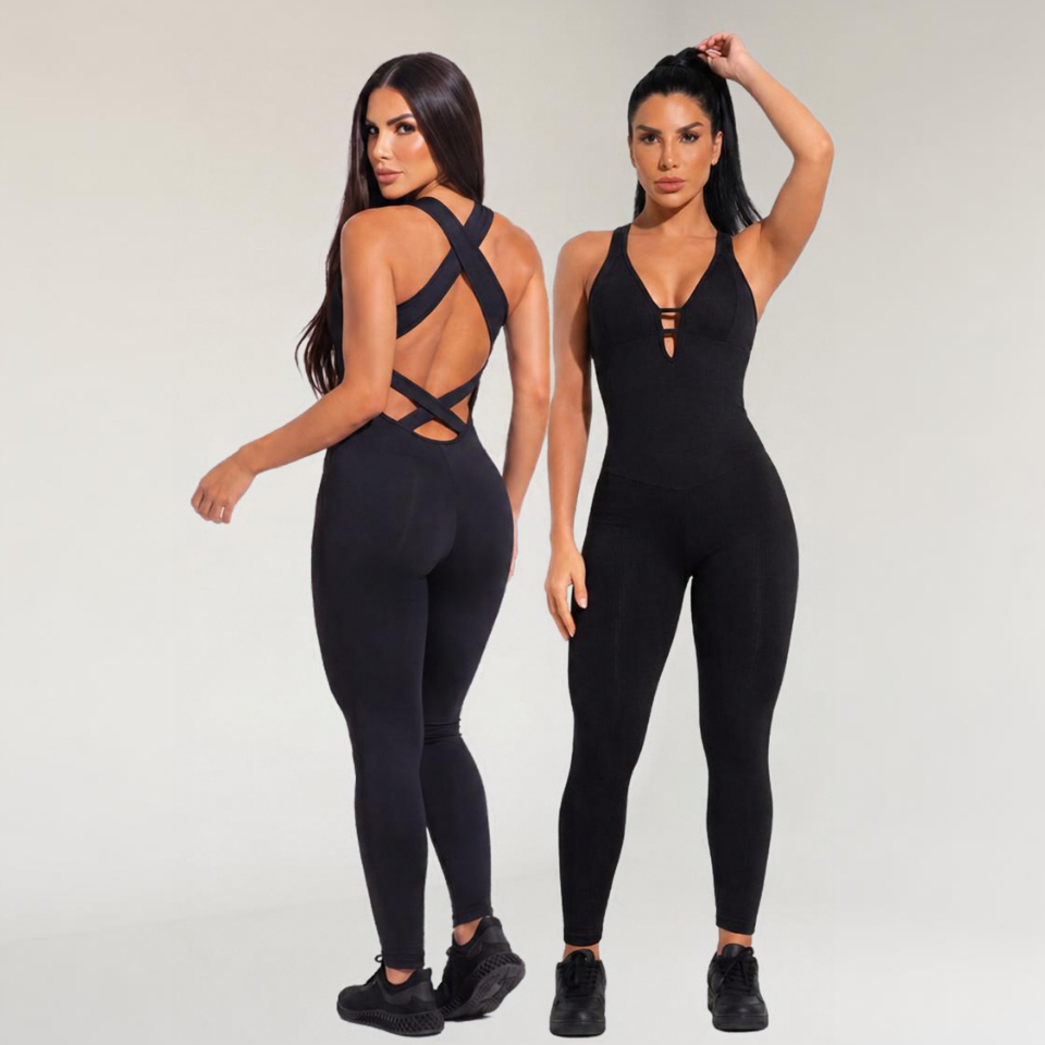Macacão Fitness Feminino Bojo Removível Slim Costa Trançado Decote V Blackout Zero Transparência Crossfit Academia