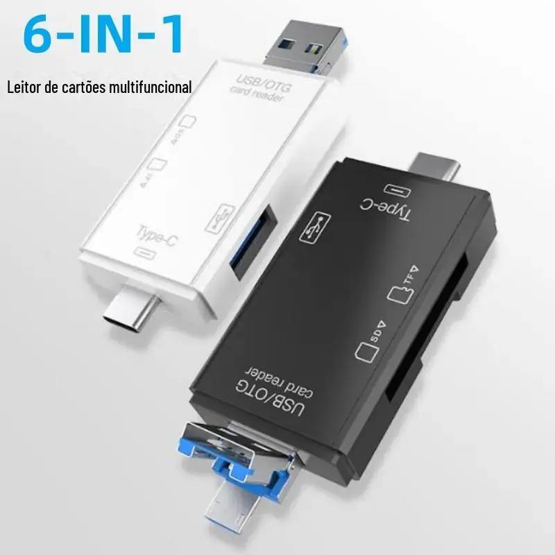 Leitor De Cartão Memória 6 Em 1 Sd Micro Sd Para Usb-C e Usb-A, Adaptador compatível Com Pc, Iphone 15 e Superior