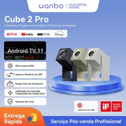 Projetor Portatil Inteligente Wanbo Cube 2 Pro Netflix Oficial 1080P 230° Giratorio ToF 0.1s 500 ANSI 28dB Android TV 11