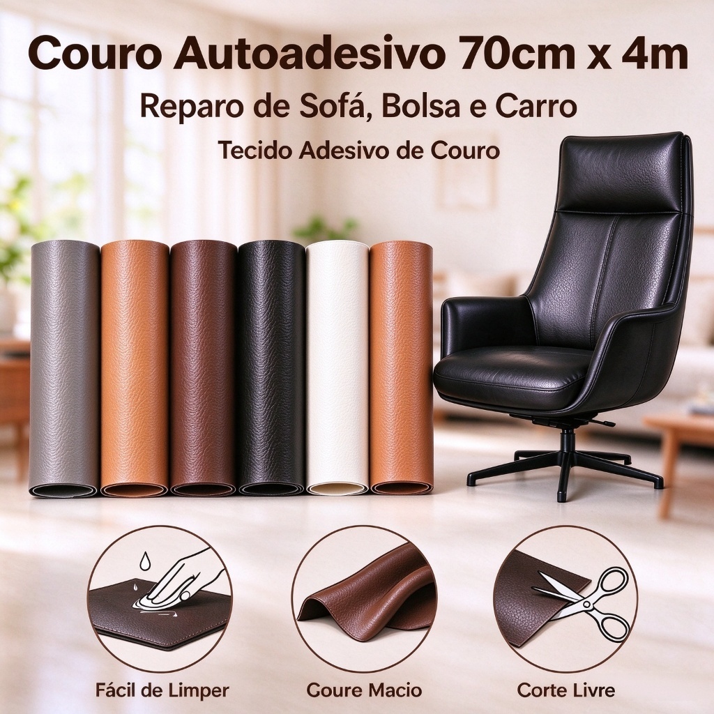 Couro Autoadesivo 70cm x 4m - Reparo de Sofá Bolsa Carro - Tecido Adesivo de Couro