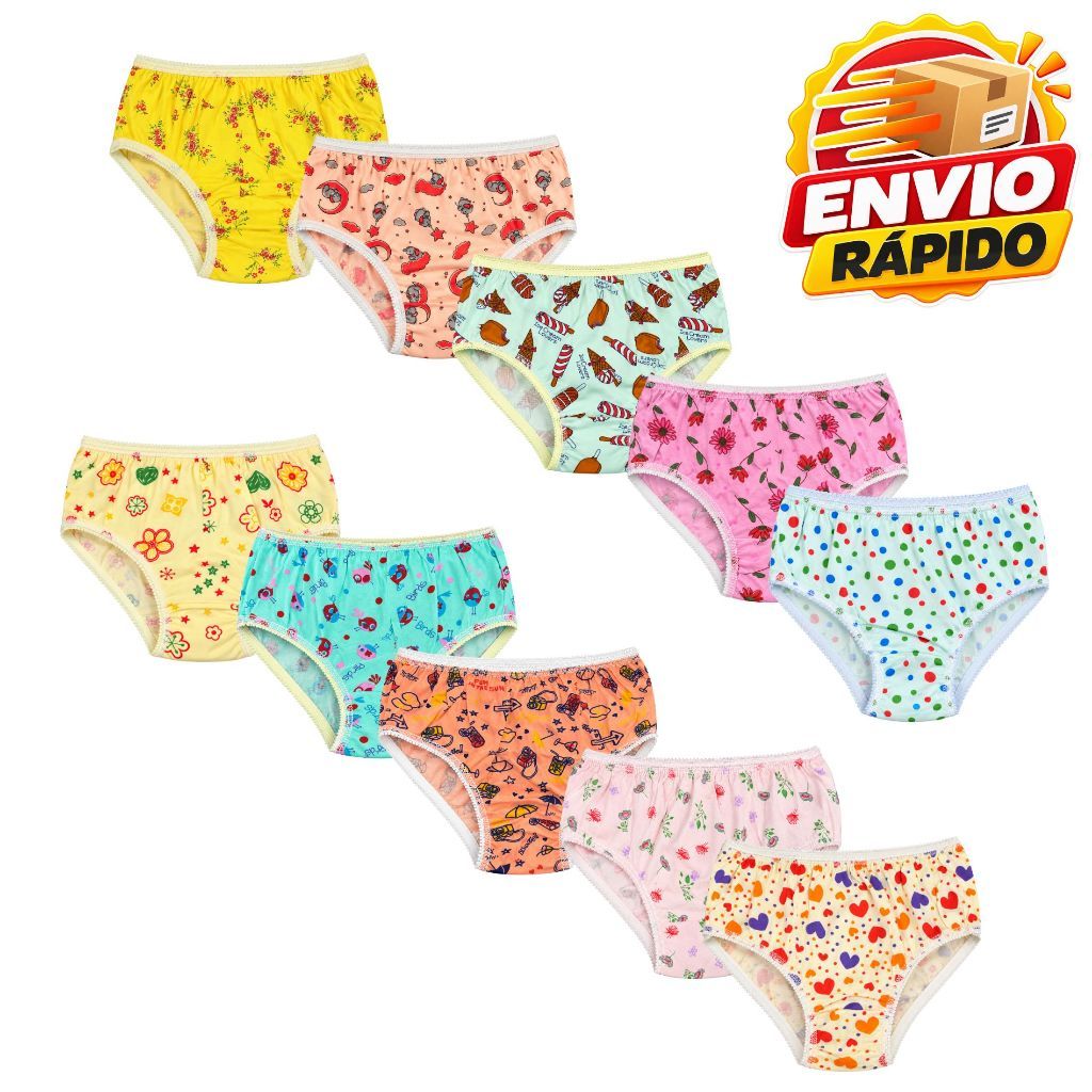 Kit 5-10 Calcinhas Infantil Feminina Menina Malha PV Forro Algodão Confortável Estampada