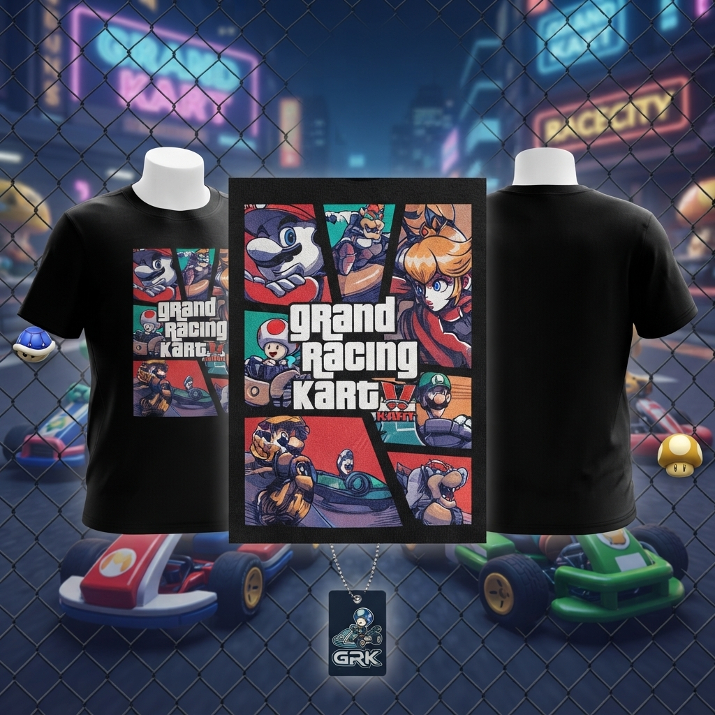 Camisa Preta Estampada Gamer Corrida Kart | Camiseta Personalizada Masculina Feminina | Algodão ou Poliéster