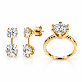 Kit Feminino Brinco 2 em 1 com Zircônia + Anel Solitário Ponto de Luz 10mm Dourado – Conjunto de Acessórios com Pedra Cr