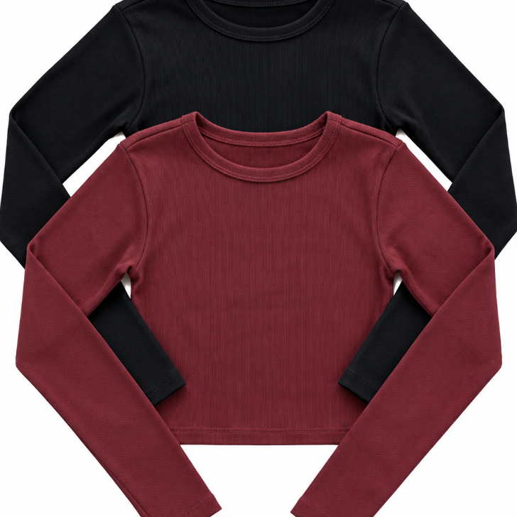 Kit 2 Cropped Feminino Manga Longa Canelado Ribana Algodão Gola Redonda Blusinha Básica Inverno