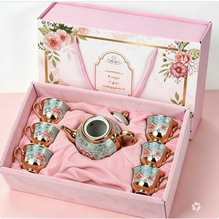 Kit Xícara de Café com Bule Porcelana Luxo Acabamento Dourado Floral 6-Xicars com 1-Bule