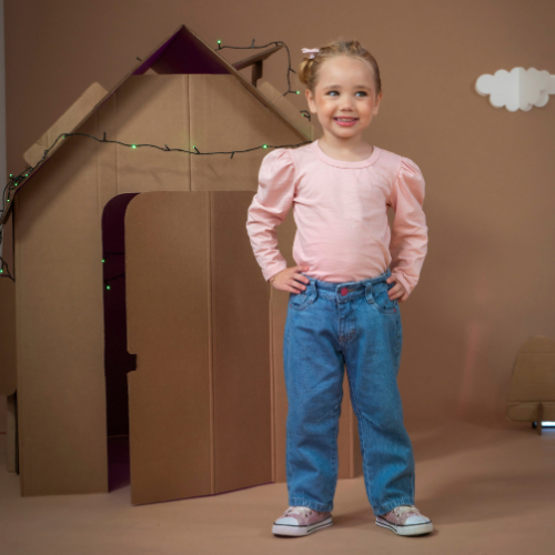 Calça Balloon Jeans Bebê Menina Algodão Confortável Infantil Ajustável Bolso Funcional Caimento Leve