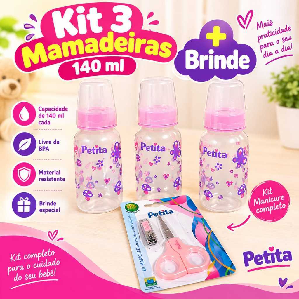Kit 3 Mamadeiras petita 140 ml + brinde