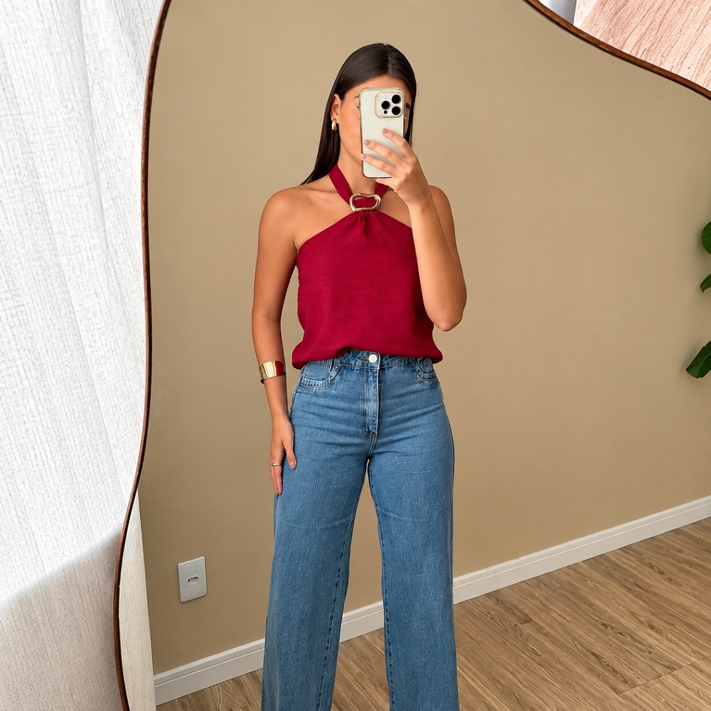 Blusa Feminina Marrant com Fivela Elegante Moda Casual Tendência Fashion Chic Premium Blogueira