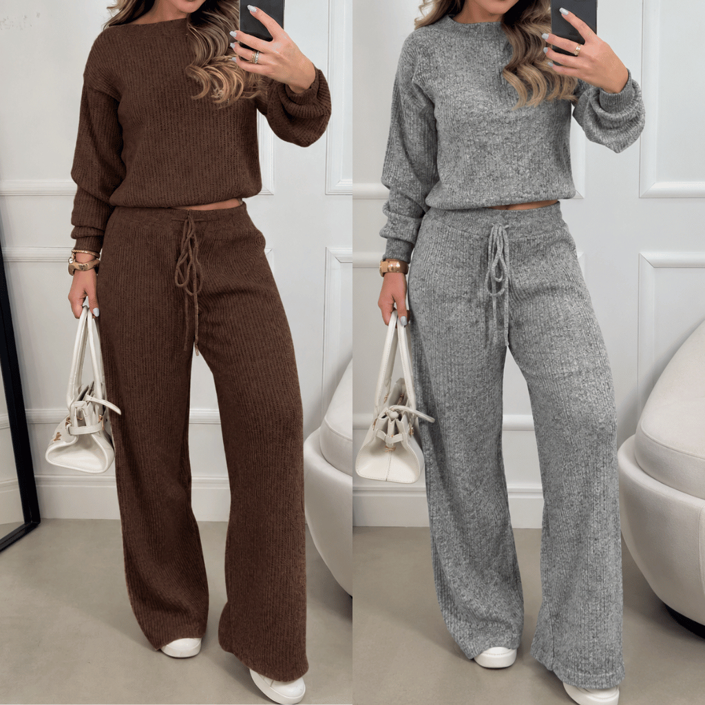 Conjunto Canelado de Tricot Mousse Calça Pantalona Cordão Ajustável Blusa Manga Bufante Inverno