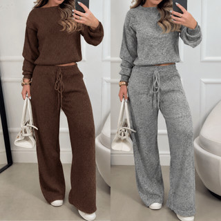 Conjunto Canelado de Tricot Mousse Calça Pantalona Cordão Ajustável Blusa Manga Bufante Inverno