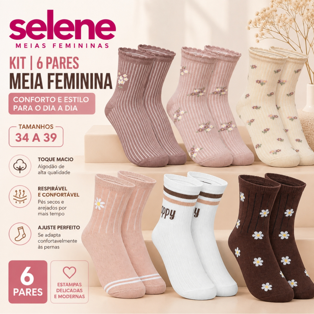 Kit 6X Pares Meias Femininas Cano Médio Estampas Selene