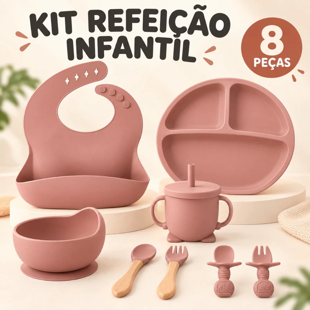 NOVO Talheres bebê silicone 8 Peças kit Talheres Infantil Com Ventosa Canudo Colher Babador Garfo