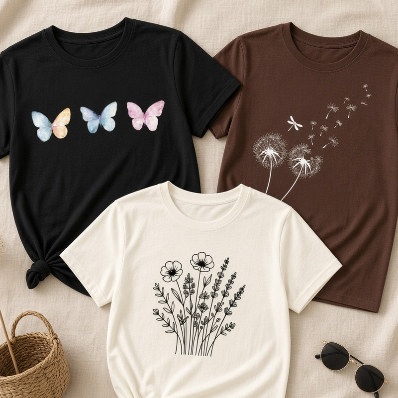 Kit 3 Camisetas Femininas Estampadas Borboletas Aquarela Dente de Leão Buquê Flores Blusinha Algodão Confortável