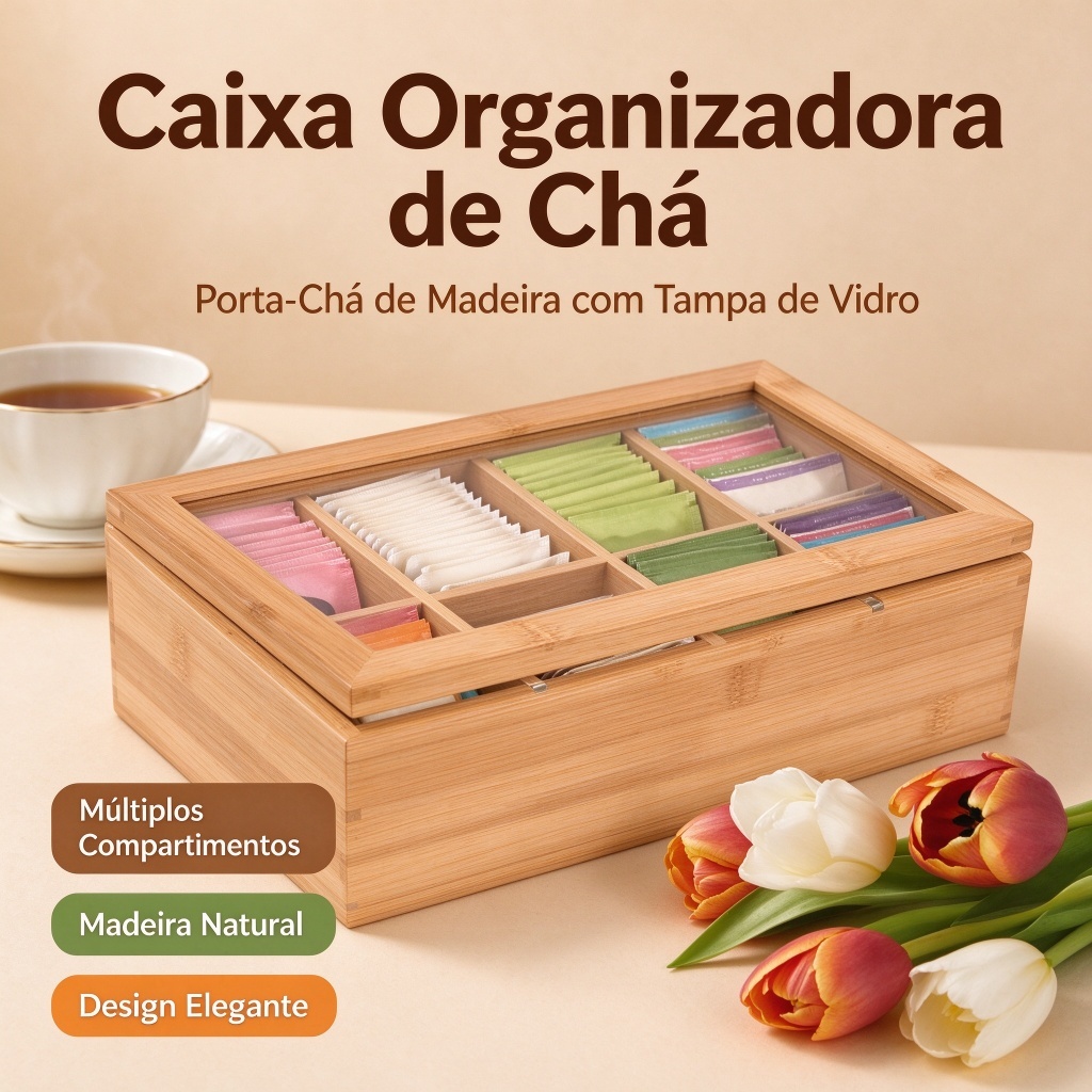 Organizador Porta Chá Sachê Bambu Caixa Decorativa Bijuterias 6/8 Divisórias Especiarias