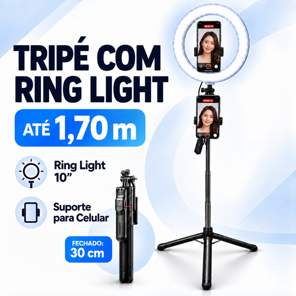 Tripé Ring Light 10” 1,70m com 2 Suportes para Celular Iluminação para Live Vídeo Foto TikTok