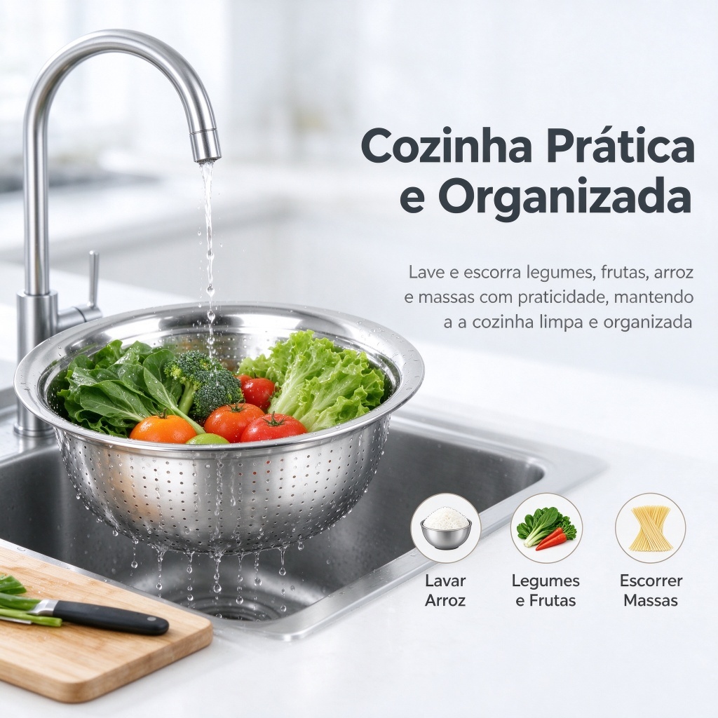 Escorredor De Arroz Inox Legumes Frutas Multiuso Cozinha Alça Coador Peneira Drenagem Inoxidável