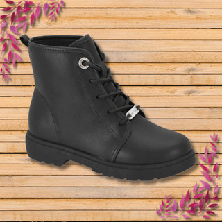 Bota Coturno Infantil Menina Molekinha Tratorada Lisa Preto Prata Cadarço Antiderrapante Boiadeira  Feminino Juvenil