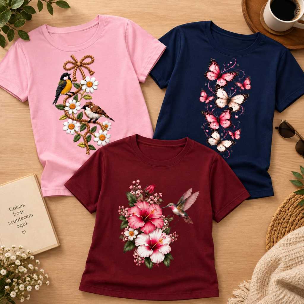 Kit 3 Camisetas Femininas Estampadas Floral e Borboletas 100% Algodão Básica Casual Moda Feminina Dia a Dia Confortável