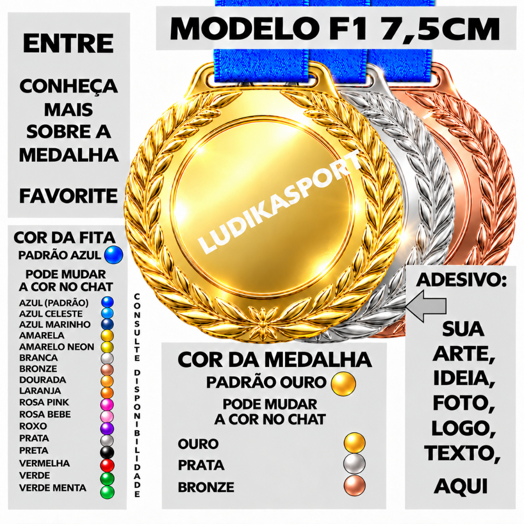 1 a 5 Medalha 7,5cm Modelo F1 Ouro/Prat/Bron Metal {Personalizo} Namoro Futebol Game Bíblia Evento