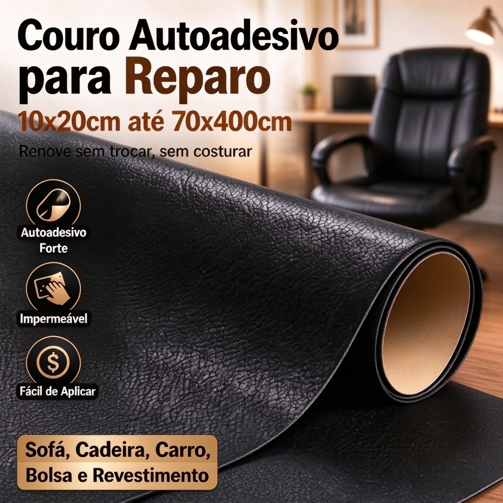 lCouro Sintético Autocolante Preto Para Reparo De Cadeira Escritório Sofá Banco Adesivo Recortáve