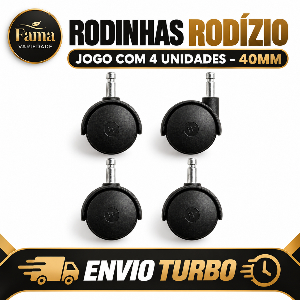 Rodinhas Rodízio Giratórias 40mm Pino 6mm Reforçadas jogo de 4 Unidades Cama Box Fruteira Andador