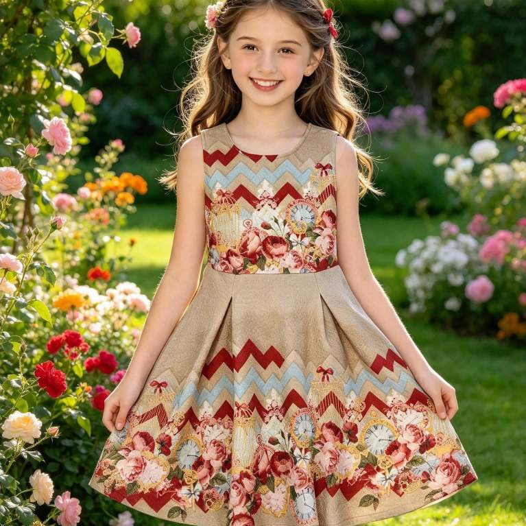Vestido Infantil Feminino, Modelo Regata, Malha Bege estampado, Tam: 10, Marca: Bethy.bethy