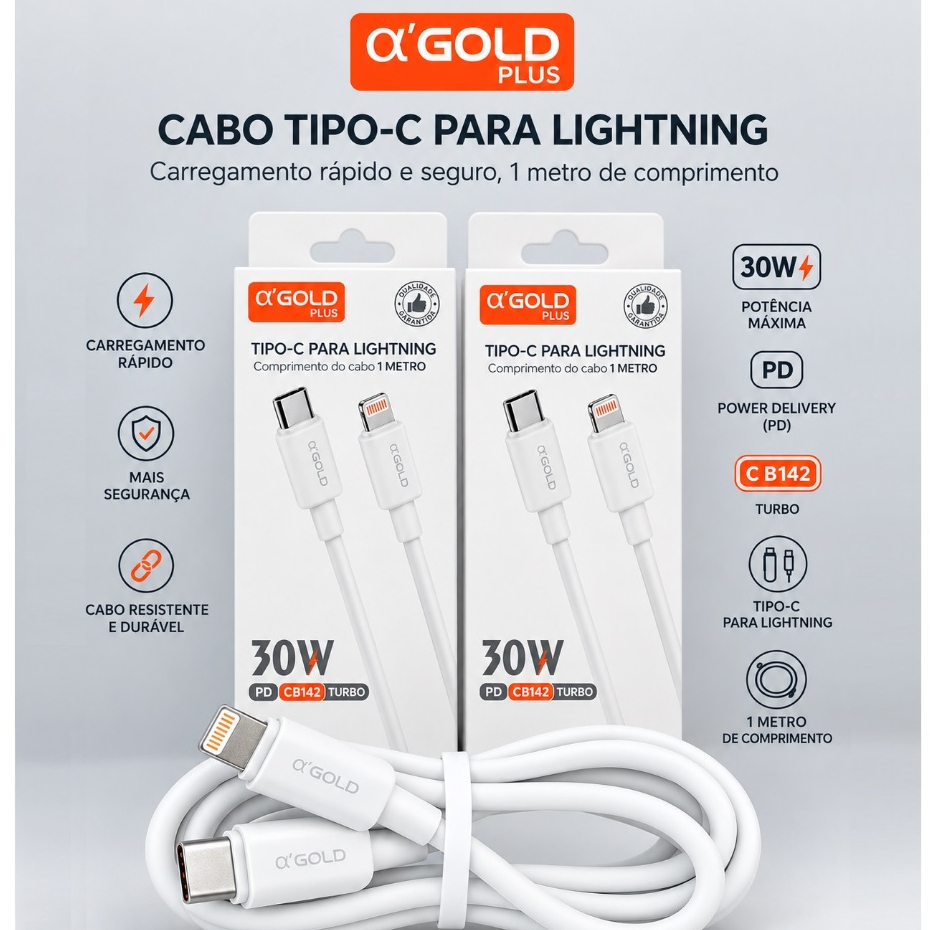 Cabo Tipo-C para Lightning 30W CB142 Turbo 1M iPhone Carregador Rápido Resistente α'GOLD Plus até linha iPhone 14
